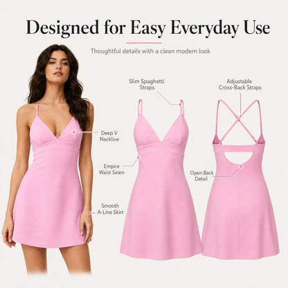 Women'S V-Neck Spaghetti Strap Sports Tennis Dress – Breathable, Flowy Golf & Fitness Dress with Built-In Anti-Exposure Shorts