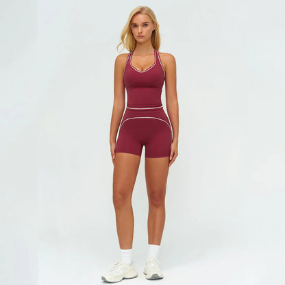 JGS1996 Women'S 2-Piece Activewear Clothing Sets – Contrast Trim Crop Sports Bra & High Waist Skinny Gym Shorts, High Stretch Breathable Quick Dry Tracksuit with Spaghetti Strap Backless Design for Yoga Workout Summer All Seasons