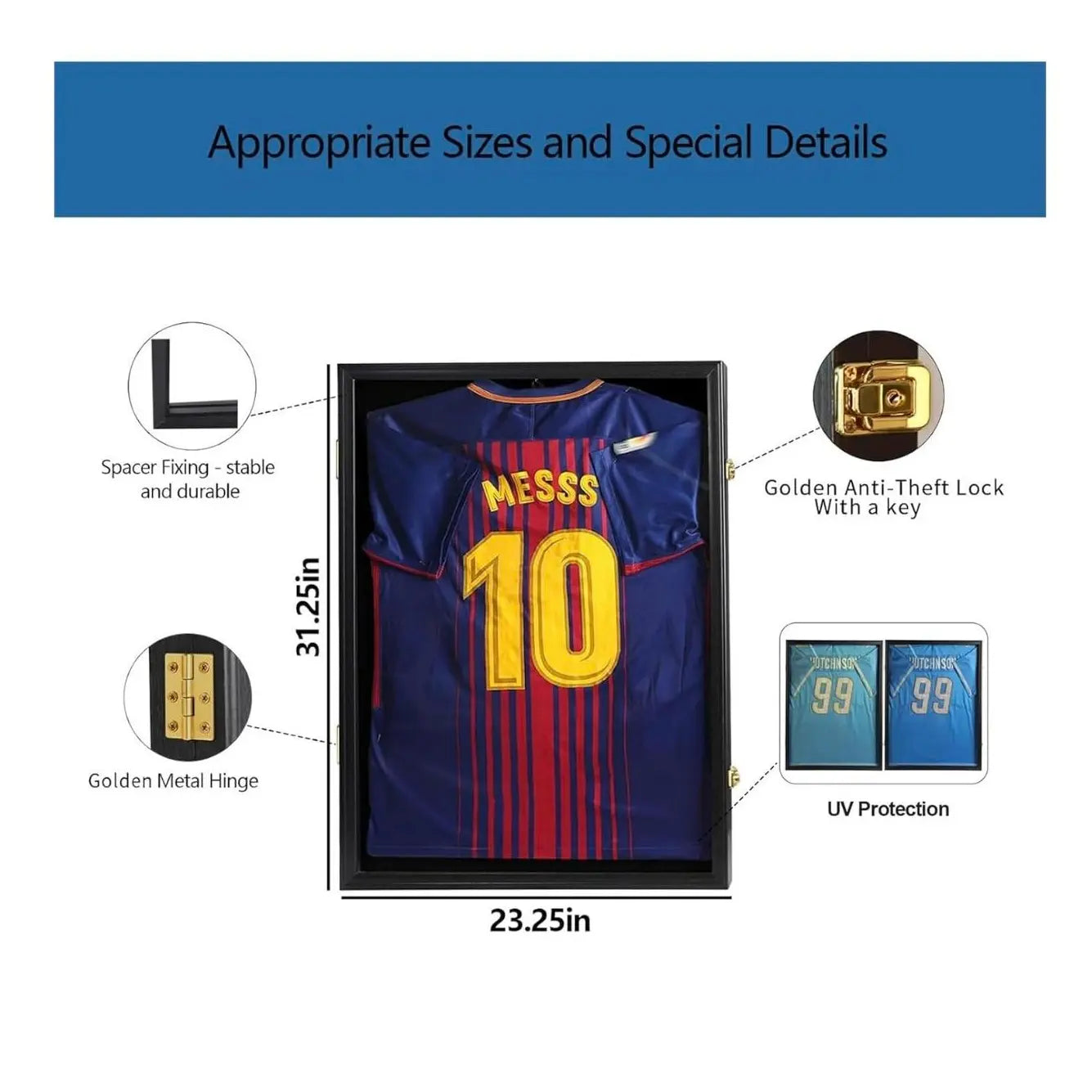 Jersey Frame Display Case Lockable UV Protection Shadow Box for Football Basketball Baseball Soccer Hockey Sports Shirt-Memorabilia Autograph Uniform Wall Mountable Black Wood(Goldlock)