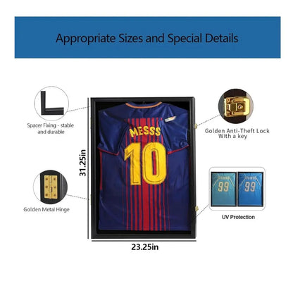 Jersey Frame Display Case Lockable UV Protection Shadow Box for Football Basketball Baseball Soccer Hockey Sports Shirt-Memorabilia Autograph Uniform Wall Mountable Black Wood(Goldlock)