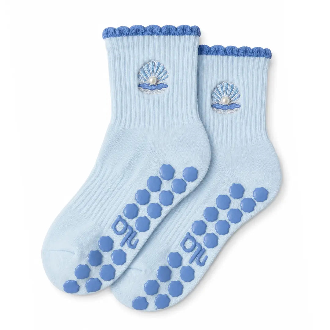 The Pearl Embellished Embroidery Grip Sock with Blue Shell-Inspired Grips for Pilates, Barre, Lagree, and Yoga