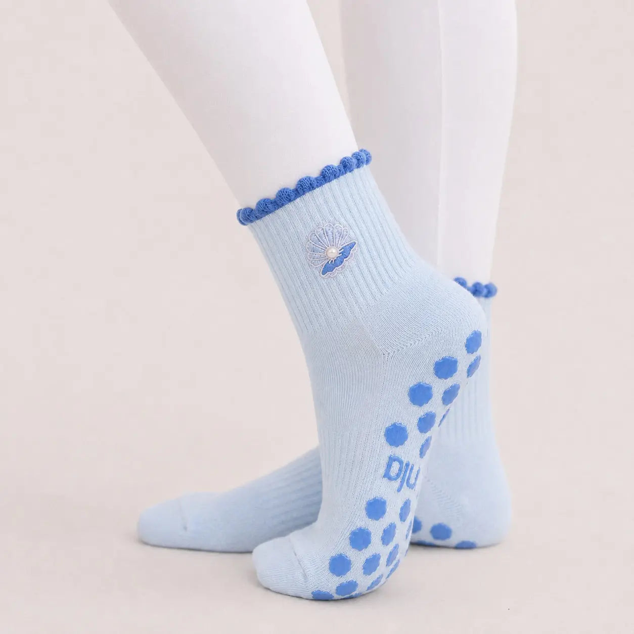 The Pearl Embellished Embroidery Grip Sock with Blue Shell-Inspired Grips for Pilates, Barre, Lagree, and Yoga