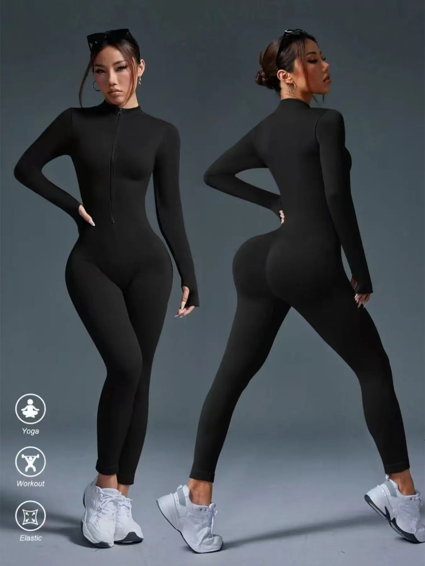 Women'S Sports Crew Neck Long-Sleeve Yoga Bodysuit, Slim-Fitting Knee-Length Knitted Jumpsuit, Suitable for All-Season Wear, Casual and Fashionable Clothing, Athleisure Style, Workout Jumpsuit, Sportswear Jumpsuit, Yoga Workout Jumpsuits