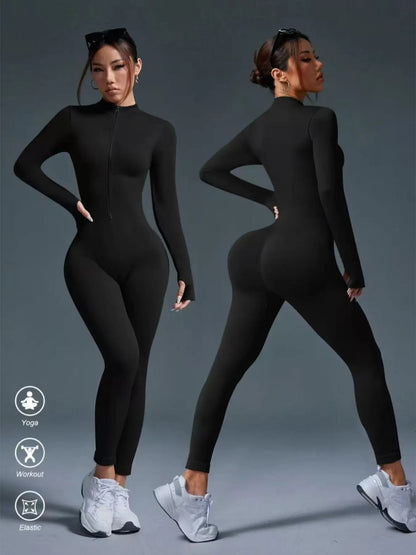 Women'S Sports Crew Neck Long-Sleeve Yoga Bodysuit, Slim-Fitting Knee-Length Knitted Jumpsuit, Suitable for All-Season Wear, Casual and Fashionable Clothing, Athleisure Style, Workout Jumpsuit, Sportswear Jumpsuit, Yoga Workout Jumpsuits