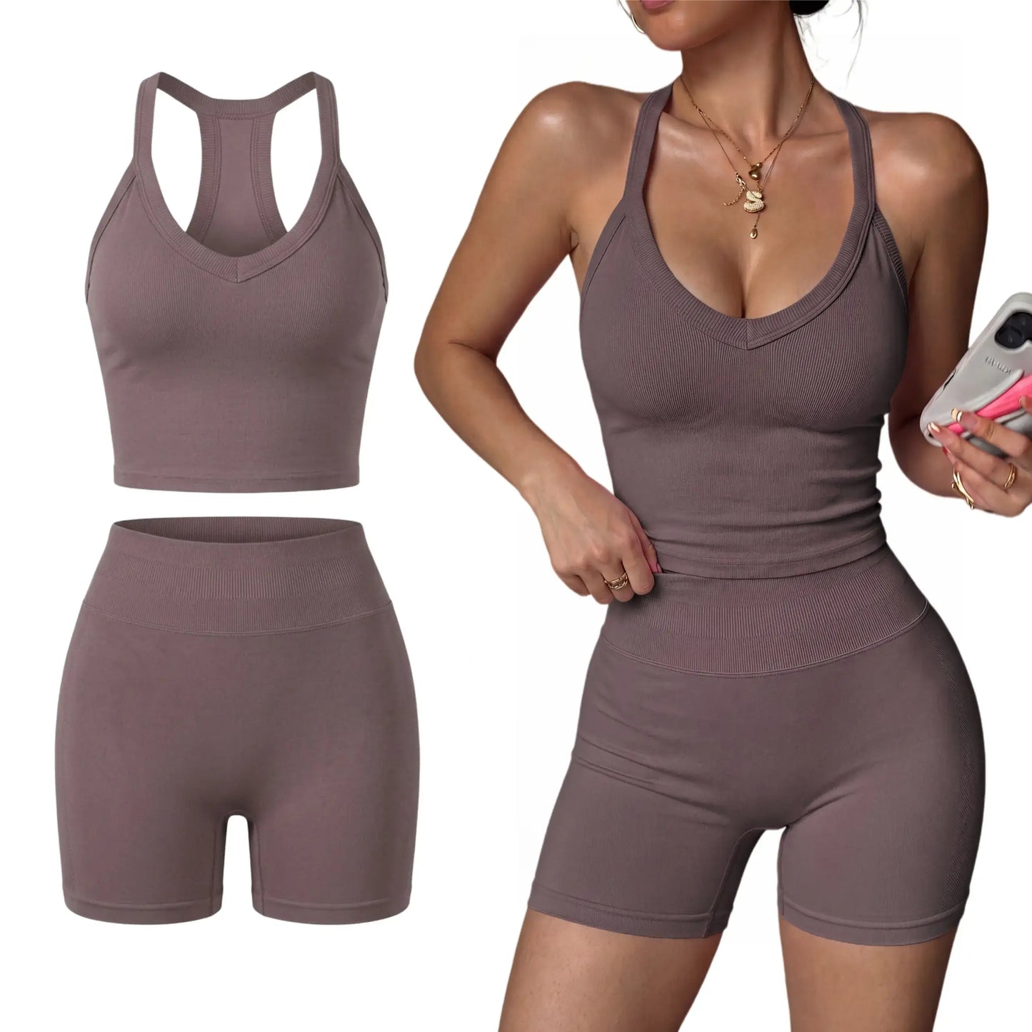 Women'S 2 Piece Yoga Outfit, Racerback Tank Top & Shorts Set, Padded Sports Bra, Sexy Back Support Workout Suit for Pilates & Outdoor Wear