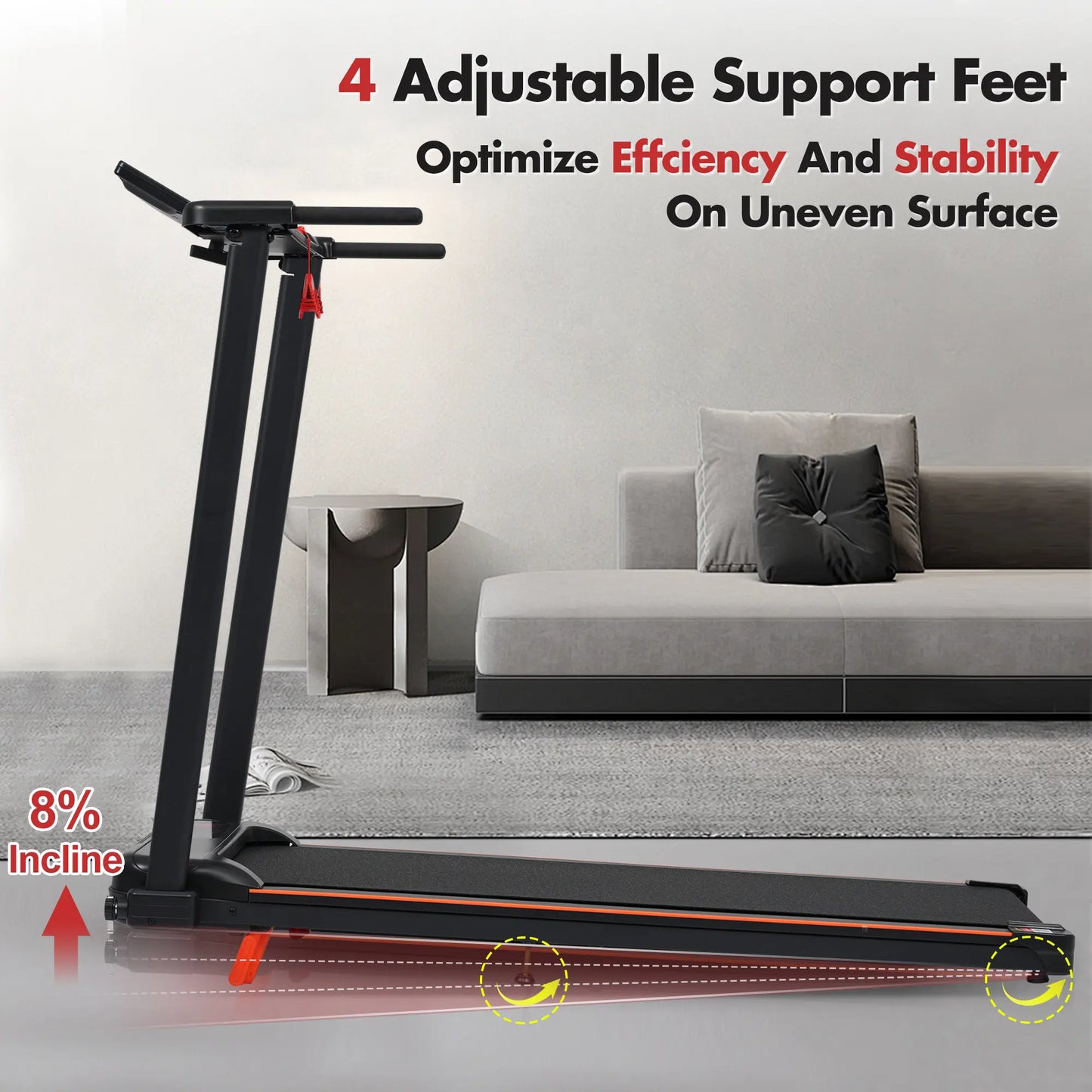 Home Treadmill - 3.0HP Folding Home Fitness Equipment with 8% Incline, Handle, 4 Adjustable Support Ft, Supports 265Lbs, Portable Workout Equipment