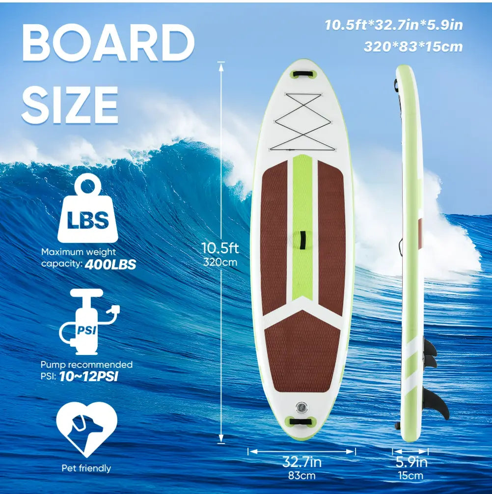 10.5Ft Inflatable Stand up Paddle Board, Non-Slip Deck, Complete SUP Accessories Set for All Skill Levels, Brown and Green