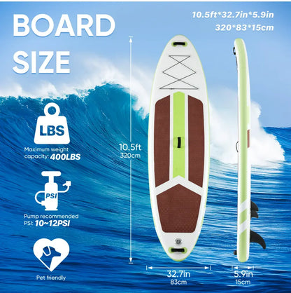 10.5Ft Inflatable Stand up Paddle Board, Non-Slip Deck, Complete SUP Accessories Set for All Skill Levels, Brown and Green