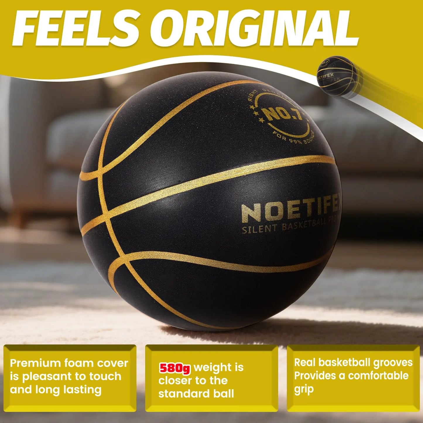 Silent Basketball Pro Max No.7 Black Gold High Density Quiet Training Ball with Real Bounce for Apartment Home Practice