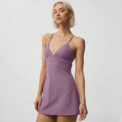 Women'S V-Neck Spaghetti Strap Sports Tennis Dress – Breathable, Flowy Golf & Fitness Dress with Built-In Anti-Exposure Shorts