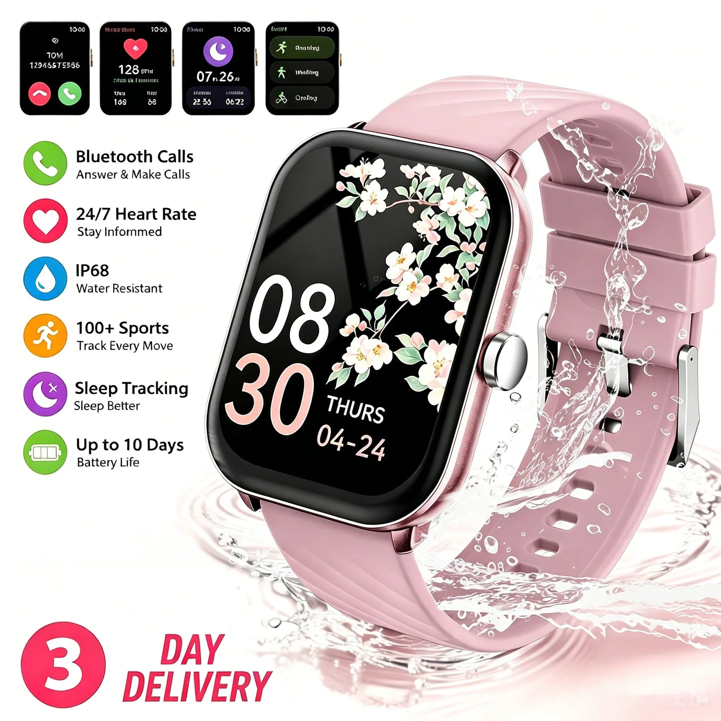 Free Delivery Multifunctional Women'S Smartwatch 2026, Get in 3-DAY, IP68 Waterproof for Android and Iphone, Bluetooth Call & Music Control, DIY Custom Dial, 100+ Sports Modes and Message Reminders, Ideal for Sports & Gifting