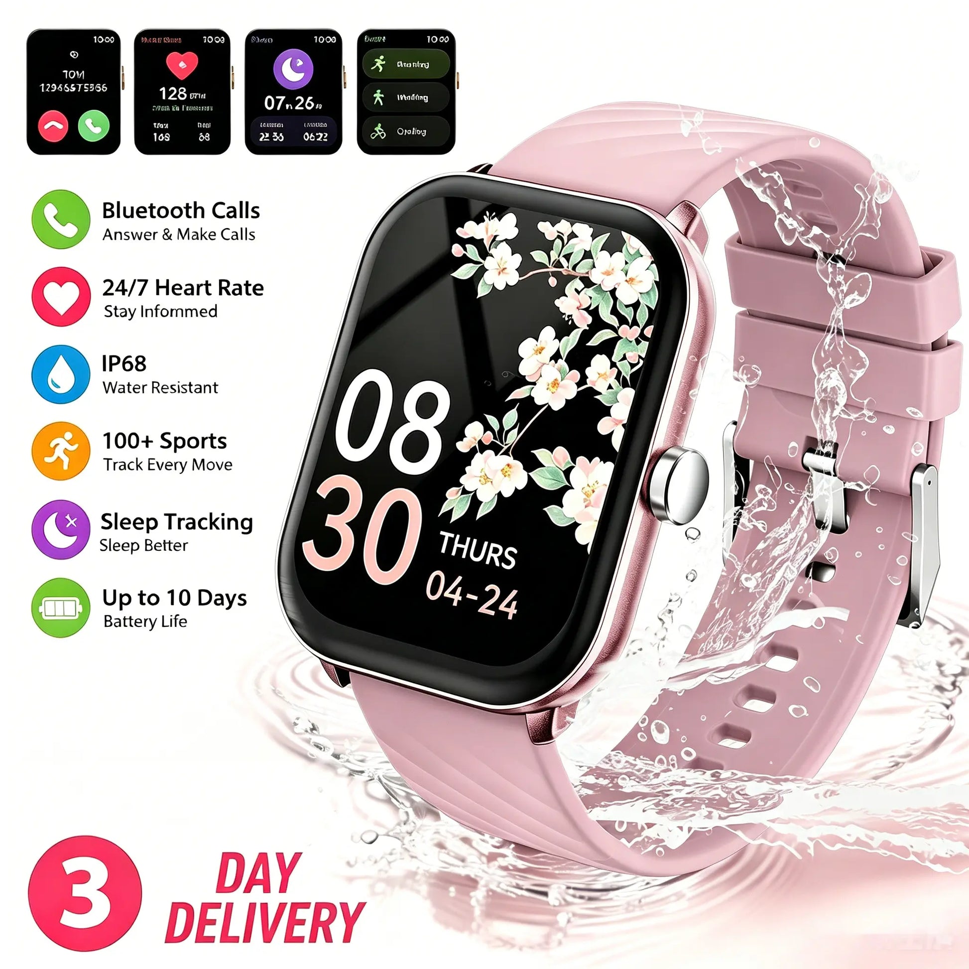 Free Delivery Multifunctional Women'S Smartwatch 2026, Get in 3-DAY, IP68 Waterproof for Android and Iphone, Bluetooth Call & Music Control, DIY Custom Dial, 100+ Sports Modes and Message Reminders, Ideal for Sports & Gifting