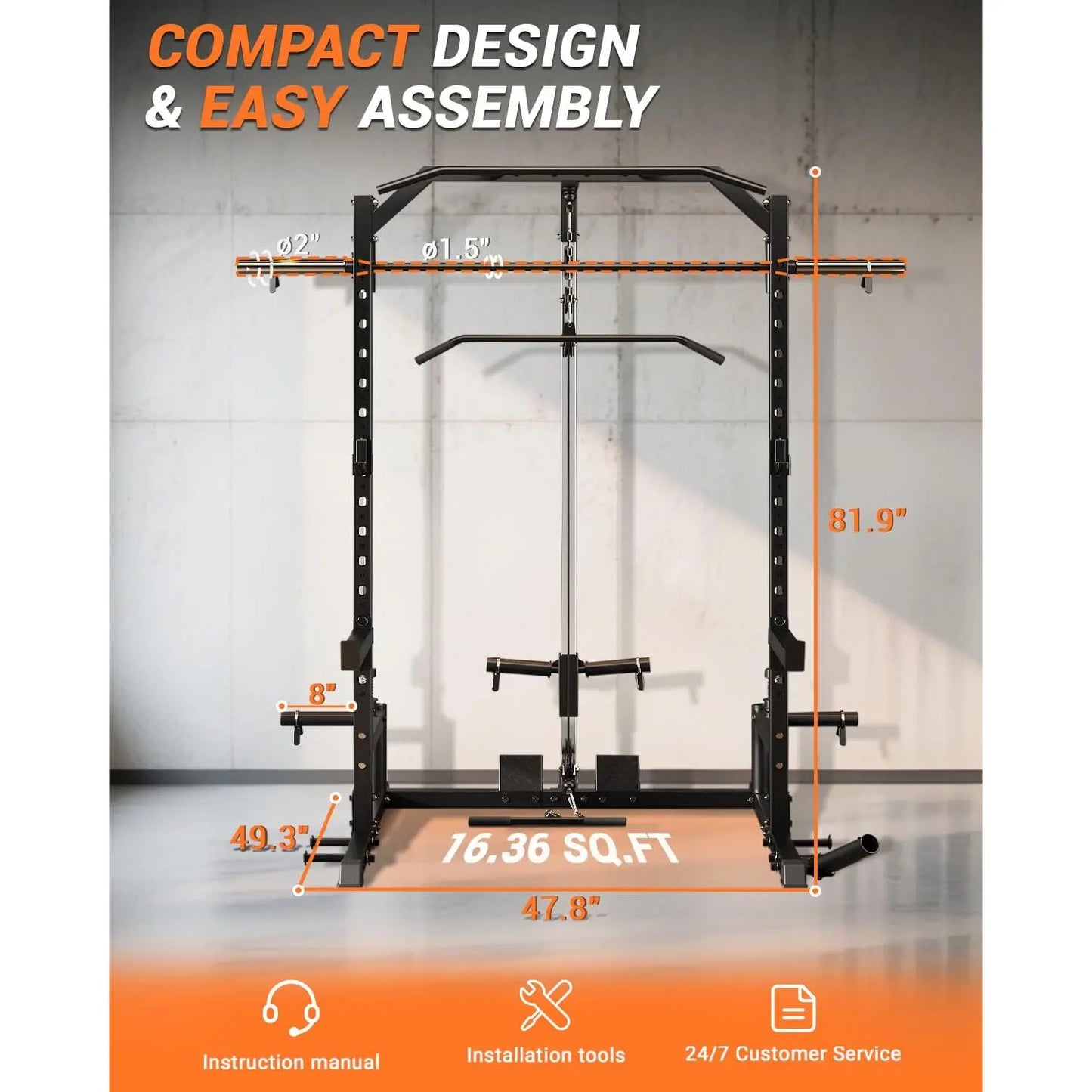 Heavy Duty Smith Machine Power Cage - Integrated Cable Pulley & Lat Pulldown System - Barbell, Safety Spotter Arms, J Hooks, Landmine - Full Body Home Gym Strength Training Equipment(2 Boxes)