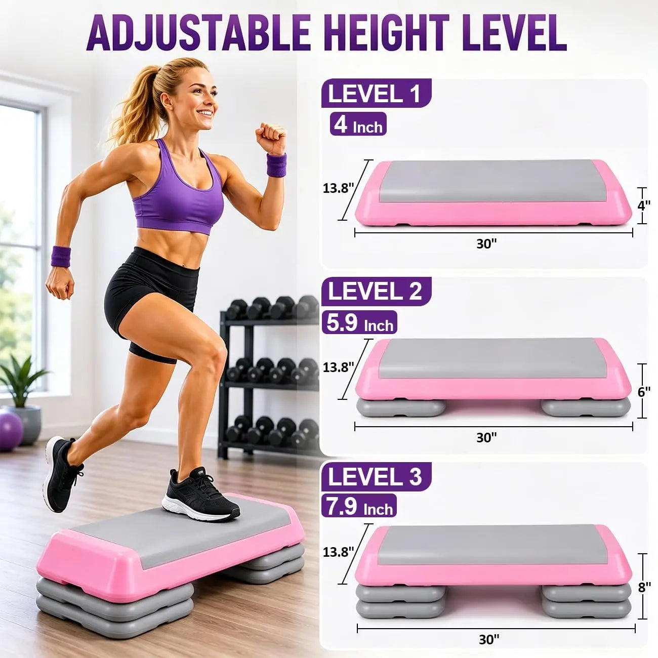 Adjustable Non-Slip PE Material Aerobic Step Platform - Textured Surface, Stackable Stable Base, Portable Home Gym Fitness Equipment for Cardio Workouts, Step Aerobics