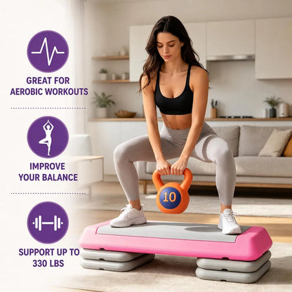 Adjustable Non-Slip PE Material Aerobic Step Platform - Textured Surface, Stackable Stable Base, Portable Home Gym Fitness Equipment for Cardio Workouts, Step Aerobics