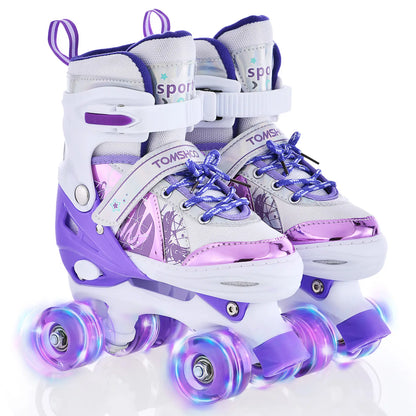 TOMSHOO Adjustable Light up Roller Skates for Kids Boys Girls 2 Sizes Glowing Wheels Outdoor Indoor Skating Purple White