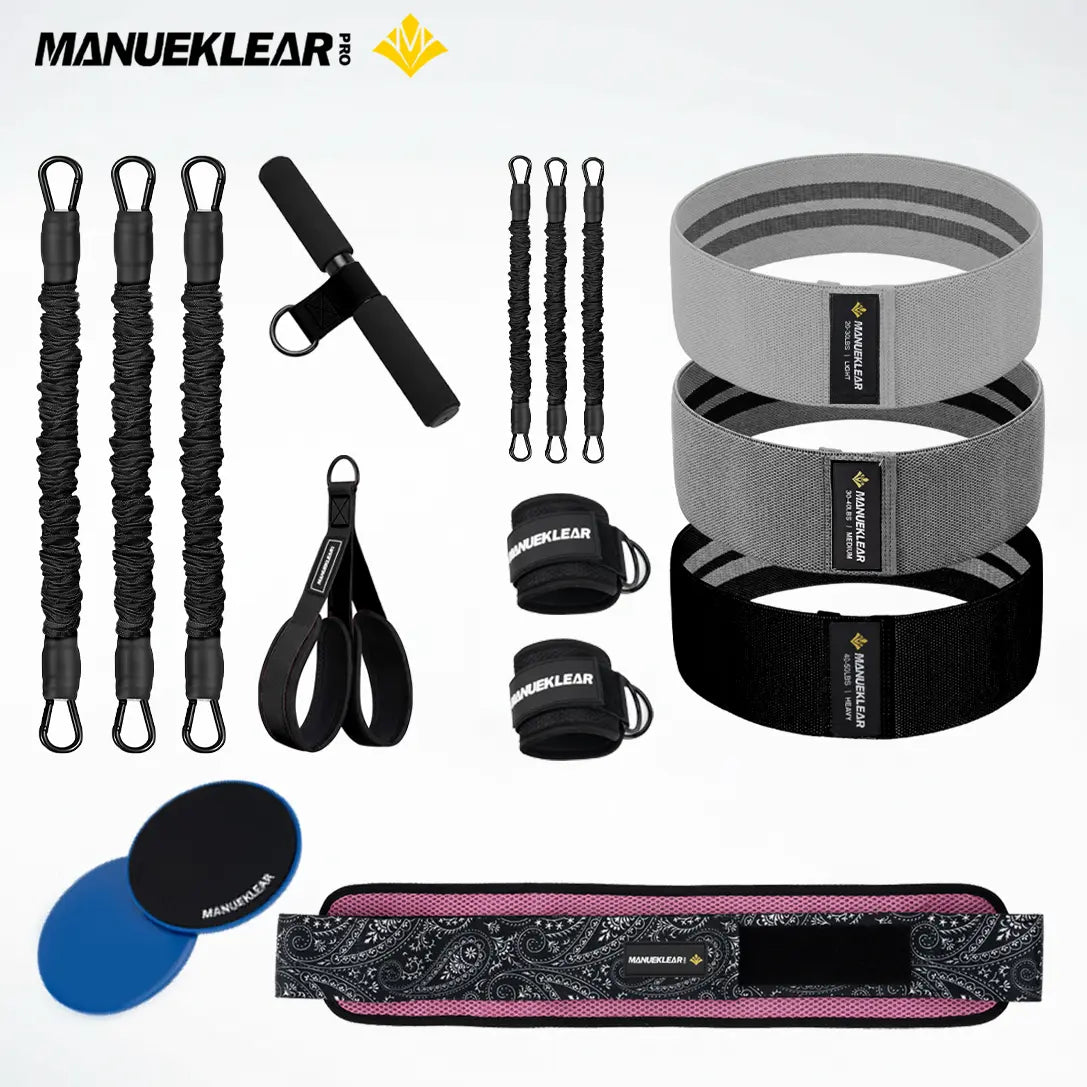 MANUEKLEAR Women'S 5-In-1 Home Fitness Gym Strap Set, Upgraded 3-Tube Pedal Resistance Bands with Handles, Adjustable Tension Ropes, Hip Thrust Belt, Ankle Straps, Glute Bands, Sliding Discs for ABS Waist Training