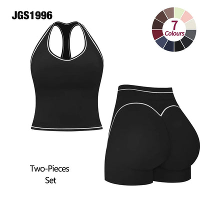 JGS1996 Women'S 2-Piece Activewear Clothing Sets – Contrast Trim Crop Sports Bra & High Waist Skinny Gym Shorts, High Stretch Breathable Quick Dry Tracksuit with Spaghetti Strap Backless Design for Yoga Workout Summer All Seasons
