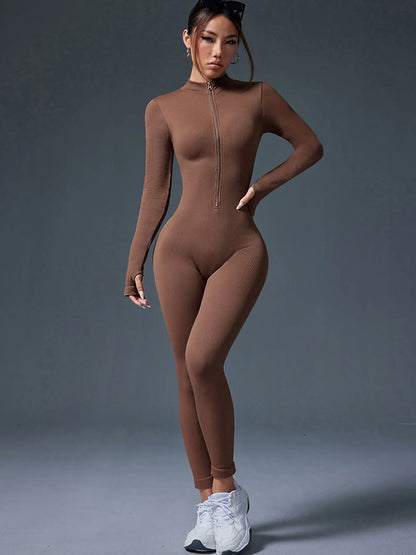 Women'S Sports Crew Neck Long-Sleeve Yoga Bodysuit, Slim-Fitting Knee-Length Knitted Jumpsuit, Suitable for All-Season Wear, Casual and Fashionable Clothing, Athleisure Style, Workout Jumpsuit, Sportswear Jumpsuit, Yoga Workout Jumpsuits