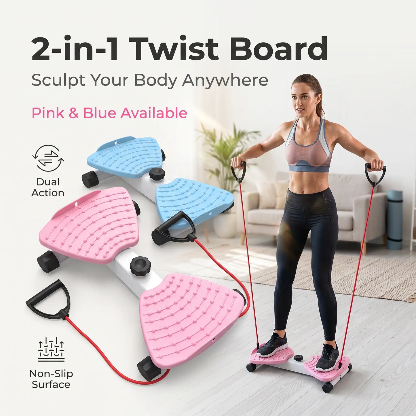2-In-1 Unisex Twist Board with Adjustable Band - Functional Workout Equipment, Compact At-Home Gym Gear, Non-Slip Intensity-Adjustable Waist Leg Arm Trainer for Indoor Family Exercise