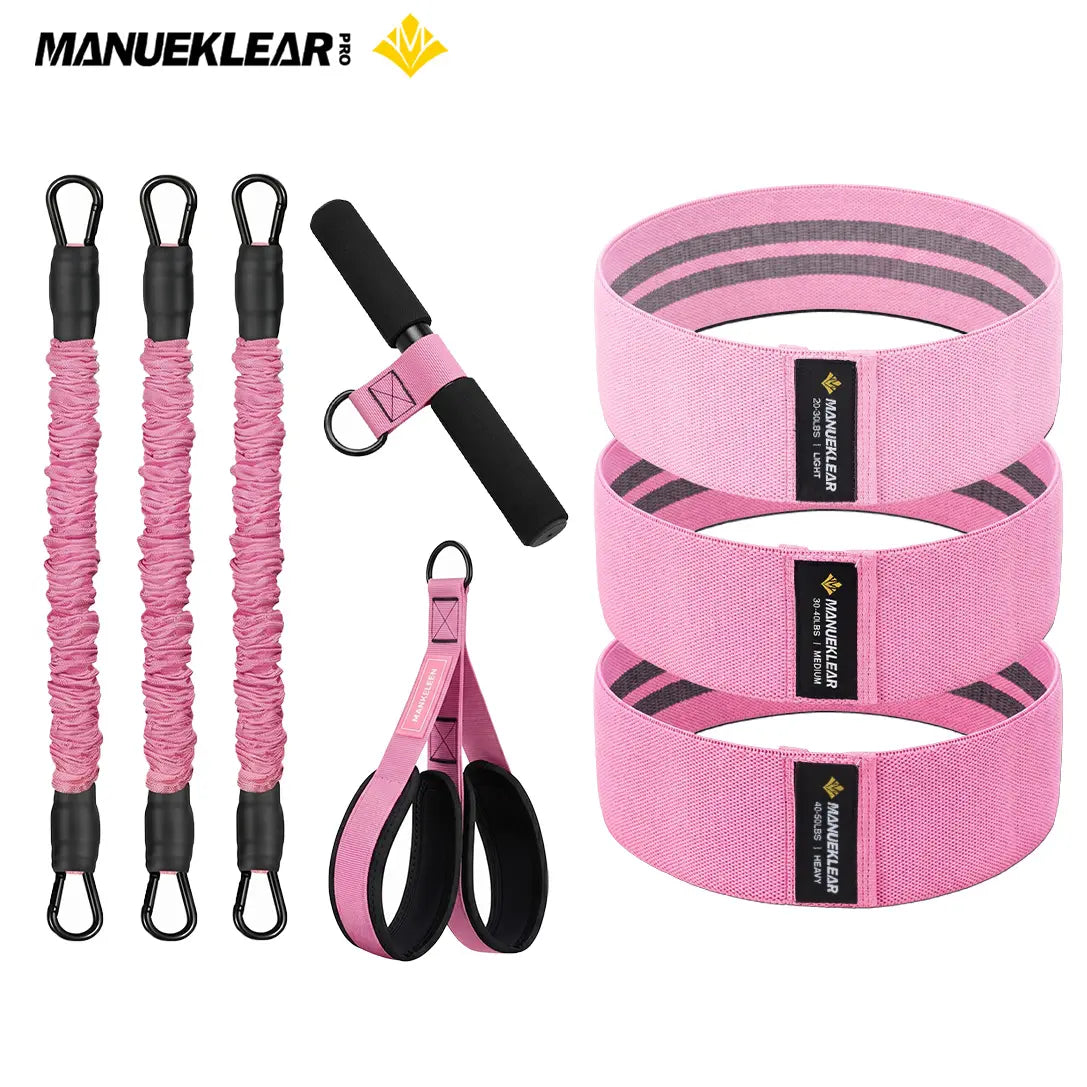 MANUEKLEAR Women'S 5-In-1 Home Fitness Gym Strap Set, Upgraded 3-Tube Pedal Resistance Bands with Handles, Adjustable Tension Ropes, Hip Thrust Belt, Ankle Straps, Glute Bands, Sliding Discs for ABS Waist Training