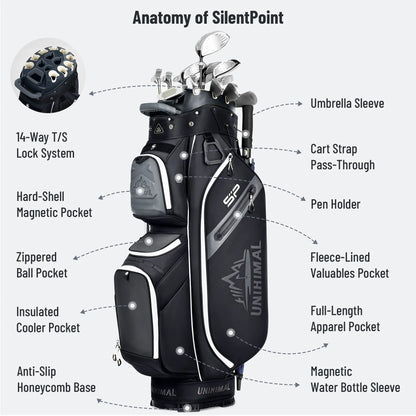 【Dealsforyoudays】Unihimal Silent 14-Way Full Length Divider Golf Cart Bag (Golf Gear for All Ages) - Waterproof Knit Composite Fabric, 9 Storage Pockets, Magnetic Rangefinder Pocket, S-Lock Anti-Tangle Club System, Lightweight Ergonomic Shoulder Strap, Kn