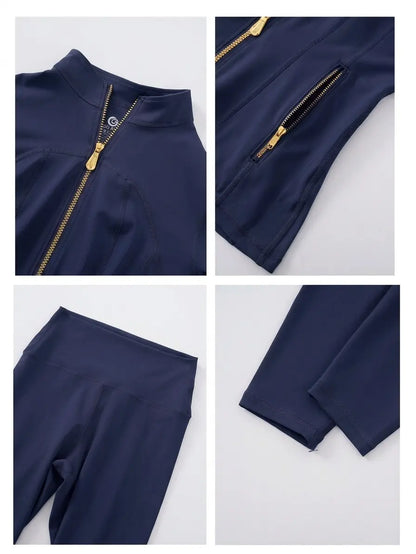 Gold Zipper Thumb Hole Yoga Jacket Women Slim Full Zip Workout Coat Zipper Pocket Fitness Activewear, Top & Leggings Separate Sale Backtoschool