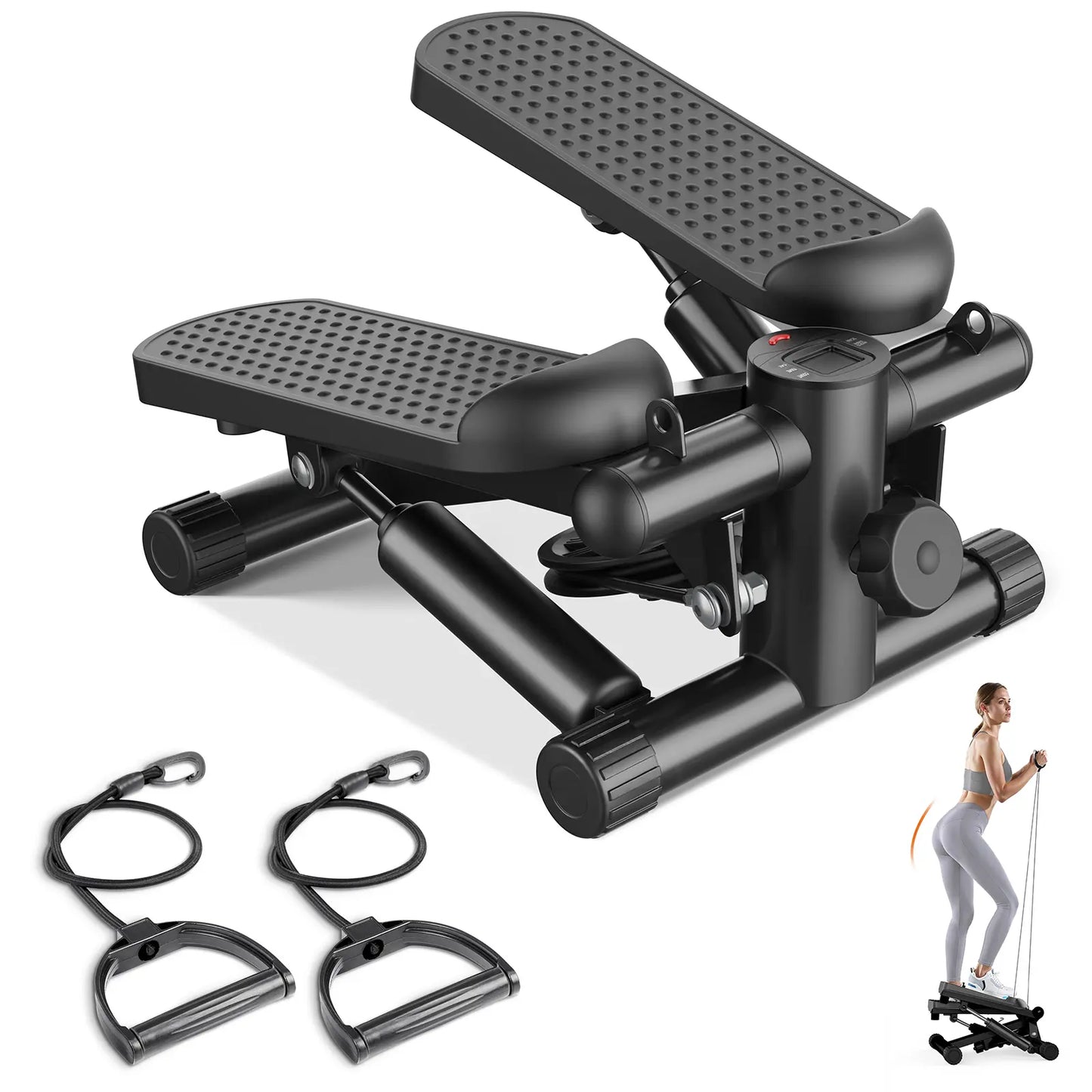 Mini Stair Stepper for Home Workout, Compact Fitness Stepper with Resistance Bands, LCD Monitor, Adjustable Height, Non-Slip Oversized Pedals, 300 LBS Capacity, for Abs, Waist, Thighs and Buttocks Training