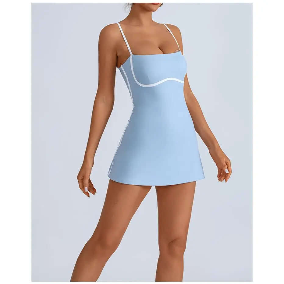 Women'S 2-Pcs Color-Blocking Athletic Dress & Anti-Glare Leggings Set - Chest Cushion, Workout Sets, Sport-Ready Compression Wear for Tennis, Yoga in Sky Blue.