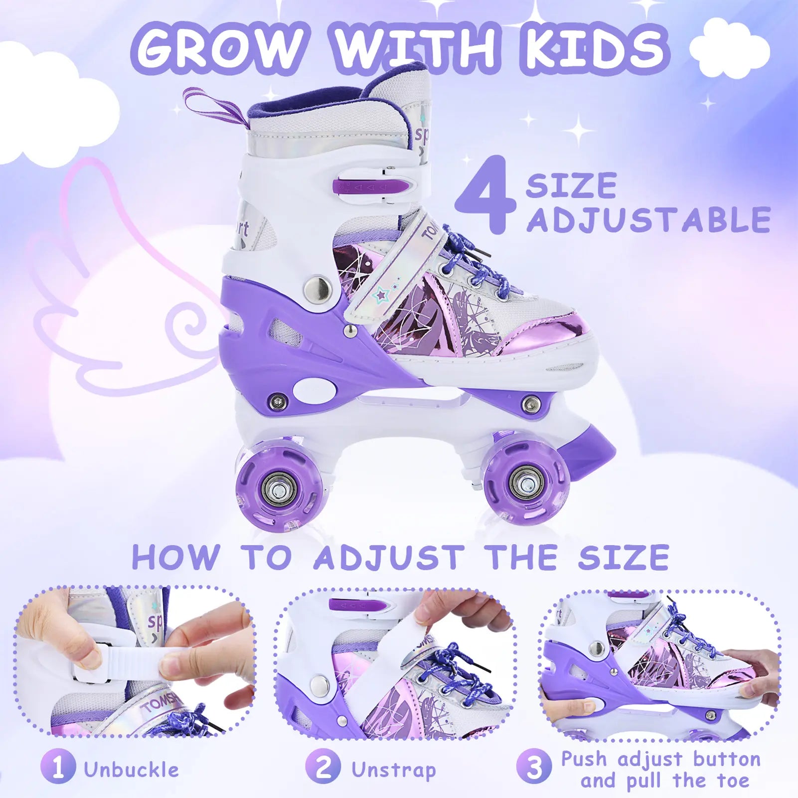 TOMSHOO Adjustable Light up Roller Skates for Kids Boys Girls 2 Sizes Glowing Wheels Outdoor Indoor Skating Purple White