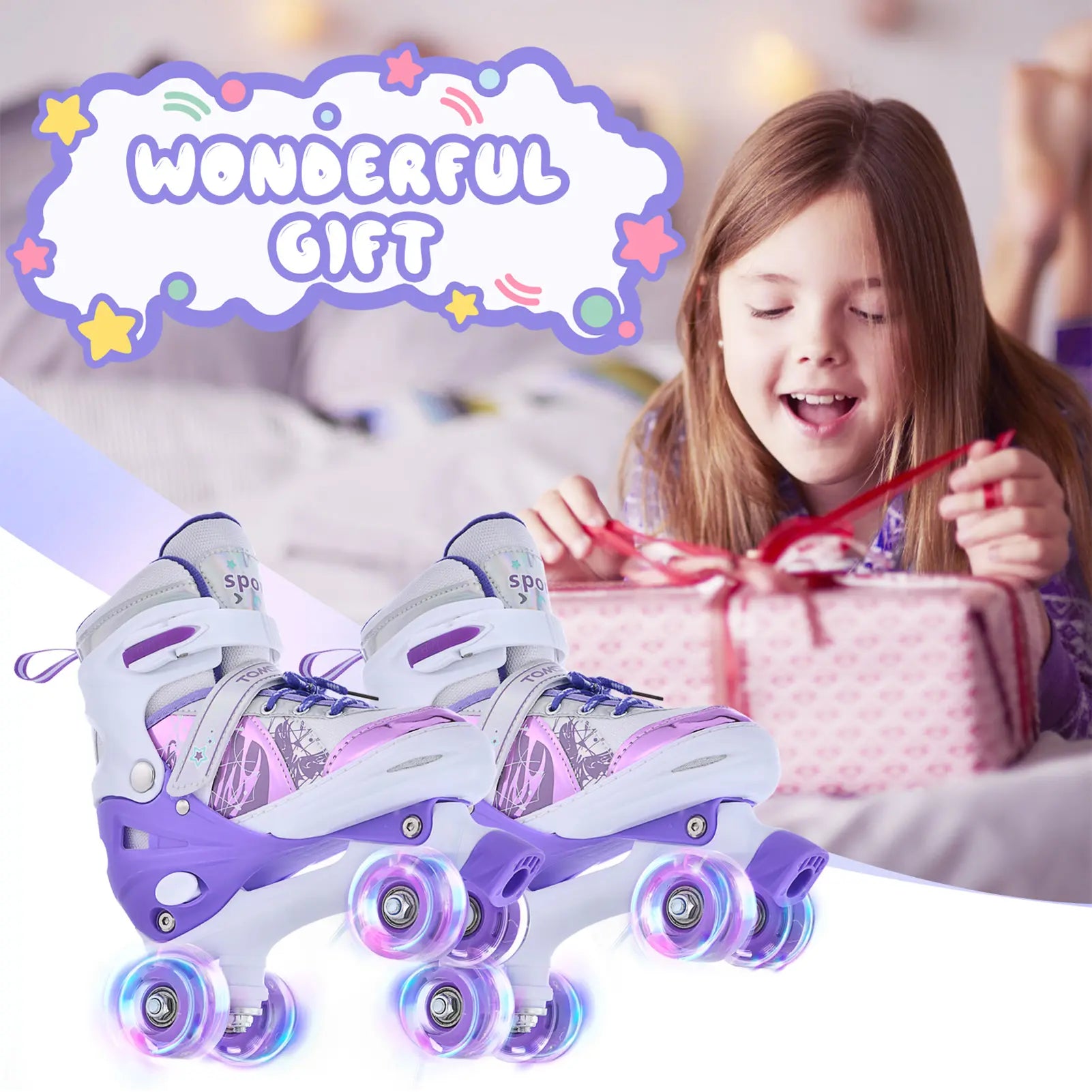TOMSHOO Adjustable Light up Roller Skates for Kids Boys Girls 2 Sizes Glowing Wheels Outdoor Indoor Skating Purple White
