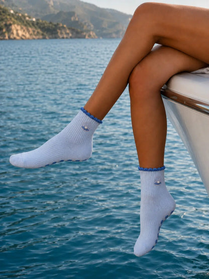 The Pearl Embellished Embroidery Grip Sock with Blue Shell-Inspired Grips for Pilates, Barre, Lagree, and Yoga