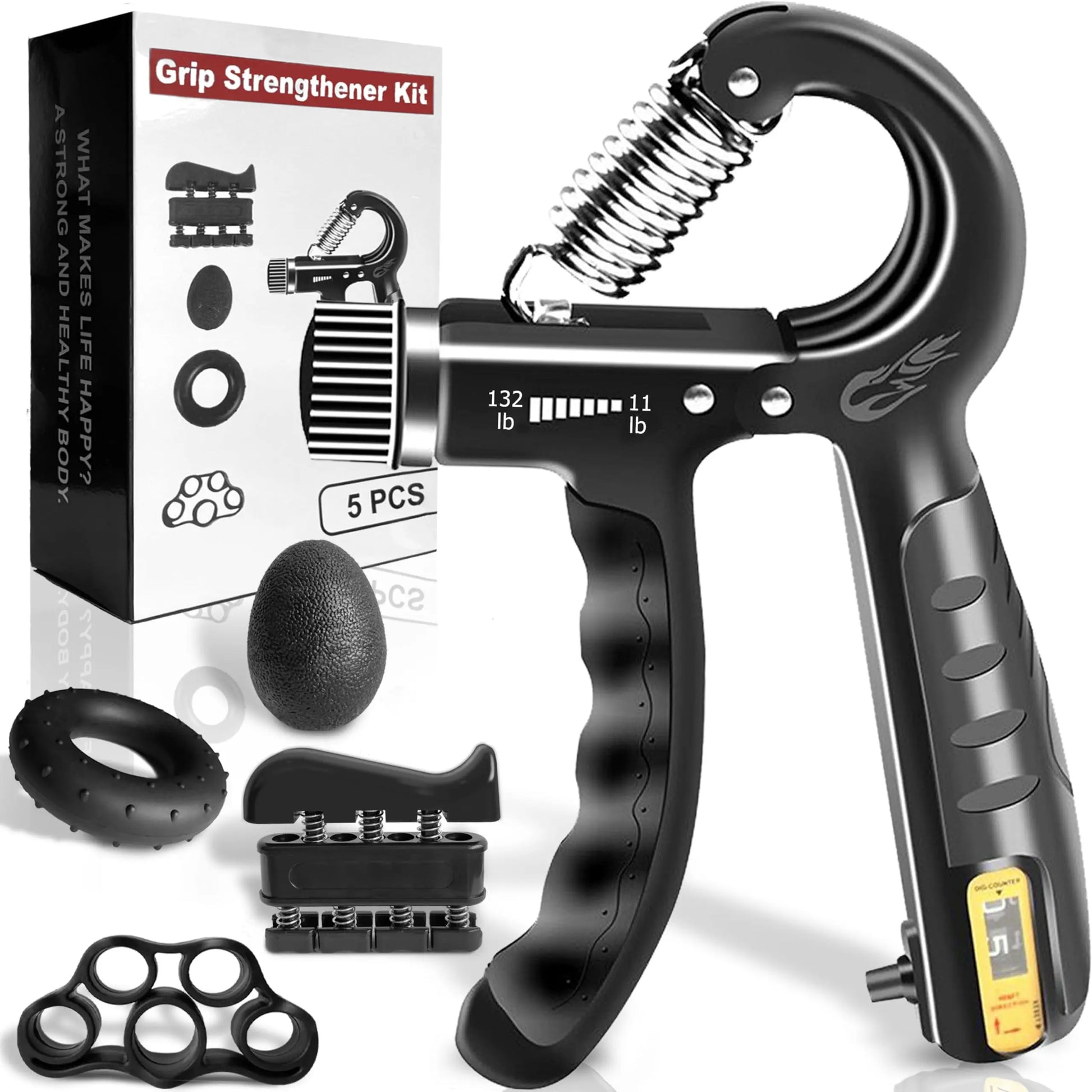 Hand Grip Strengthener Kit 5 Pack Adjustable Finger Forearm Hand Exerciser | Adjustable Grip Trainer, Finger Stretcher & Stress Ball Set for Strength Training & Hand Exercises