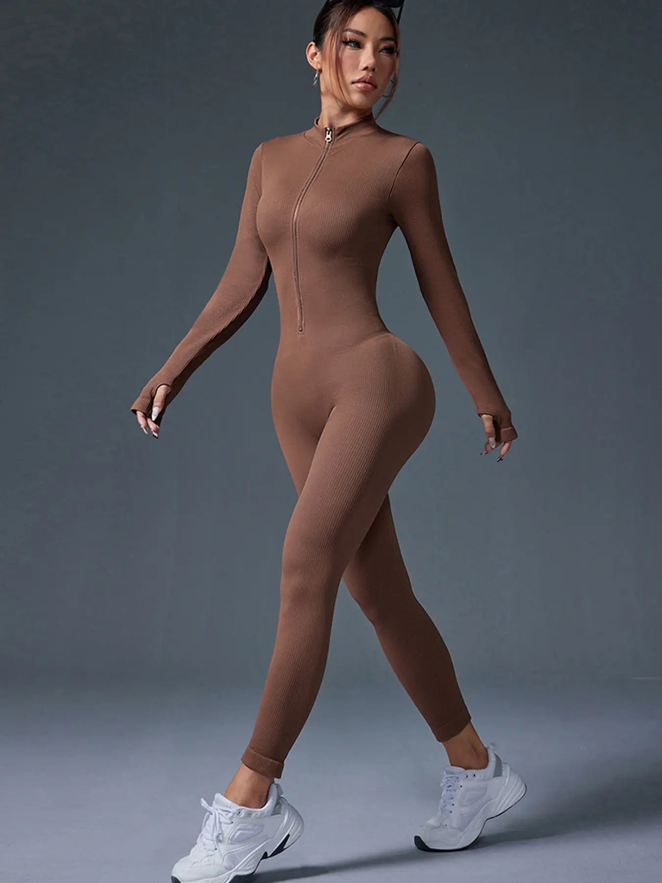 Women'S Sports Crew Neck Long-Sleeve Yoga Bodysuit, Slim-Fitting Knee-Length Knitted Jumpsuit, Suitable for All-Season Wear, Casual and Fashionable Clothing, Athleisure Style, Workout Jumpsuit, Sportswear Jumpsuit, Yoga Workout Jumpsuits