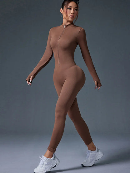 Women'S Sports Crew Neck Long-Sleeve Yoga Bodysuit, Slim-Fitting Knee-Length Knitted Jumpsuit, Suitable for All-Season Wear, Casual and Fashionable Clothing, Athleisure Style, Workout Jumpsuit, Sportswear Jumpsuit, Yoga Workout Jumpsuits