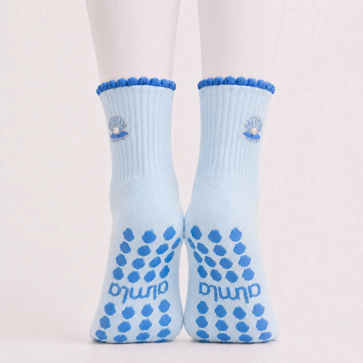 The Pearl Embellished Embroidery Grip Sock with Blue Shell-Inspired Grips for Pilates, Barre, Lagree, and Yoga
