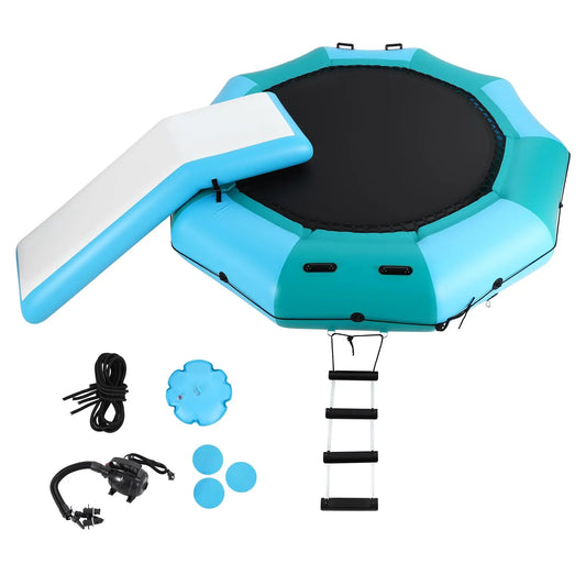 10Ft Inflatable Water Trampoline with Slide & Ladder, Heavy Duty Water Bouncer for Lake & Pool, Inflatable Swim Platform with 600W Powerful Pump, Summer Water Party Fun Summergarden