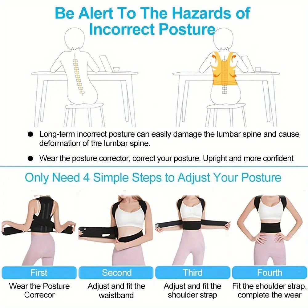 Adjustable Breathable Waist Brace - Lower Back Support & Posture Corrector Belt, Posture Strap, Back Correction Band for Gym, Sports, Office Sitting