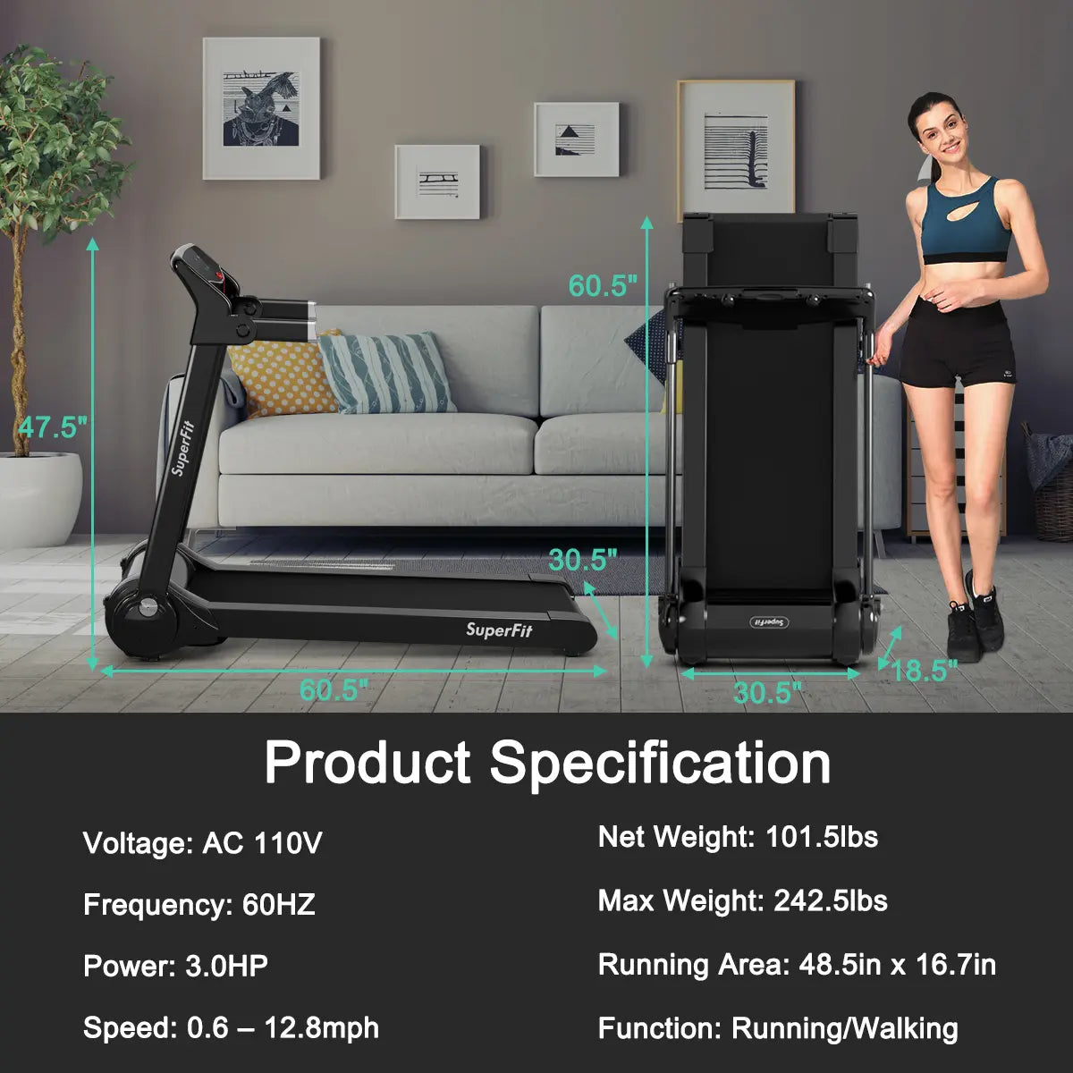Costway Folding Electric Treadmill, 3.0 HP Motorized Fitness Exercise Machine for Home, Gym, Office, Running Walking Machine W/ App Control, Dual Flywheels, High Performance Indoor Cardio Trainer