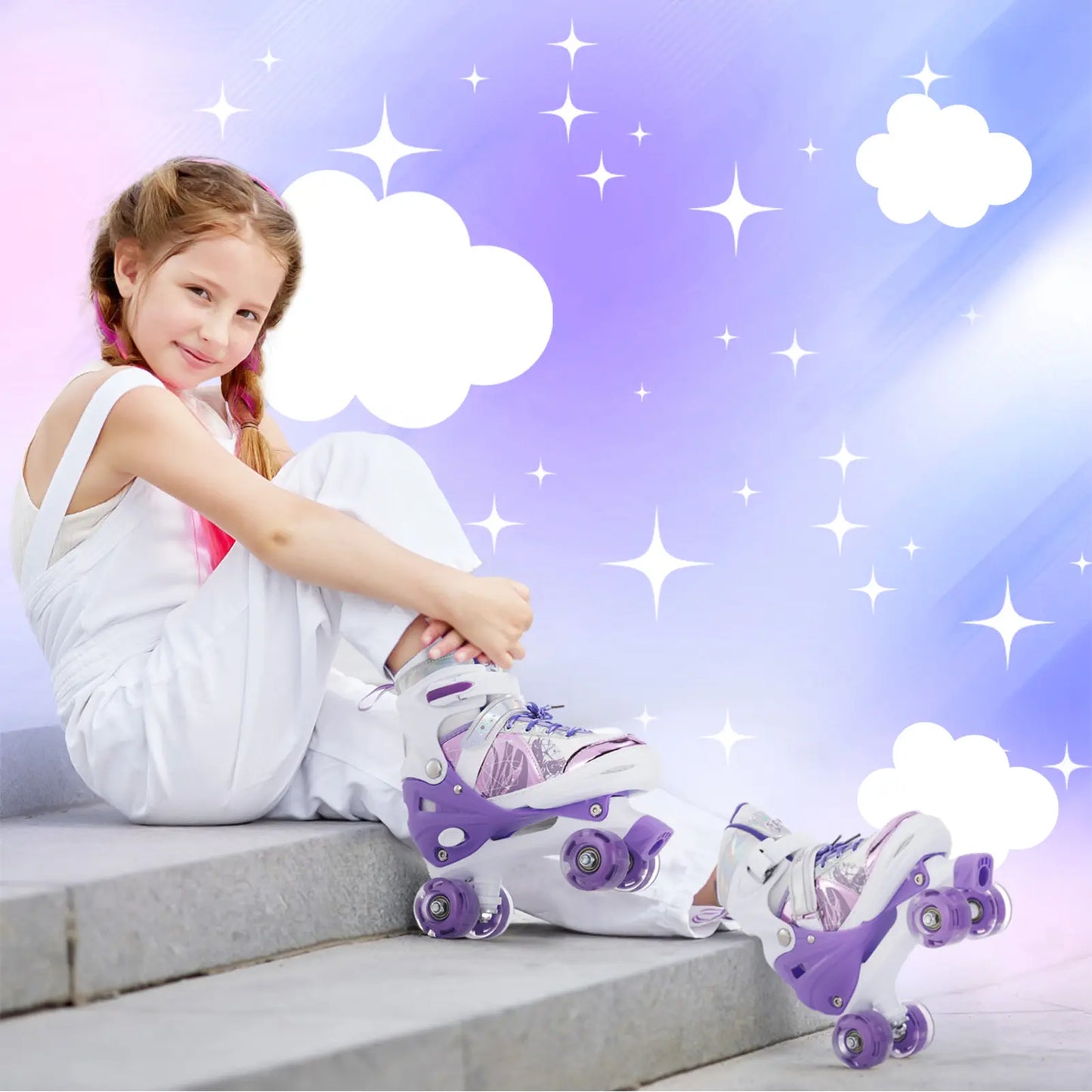 TOMSHOO Adjustable Light up Roller Skates for Kids Boys Girls 2 Sizes Glowing Wheels Outdoor Indoor Skating Purple White