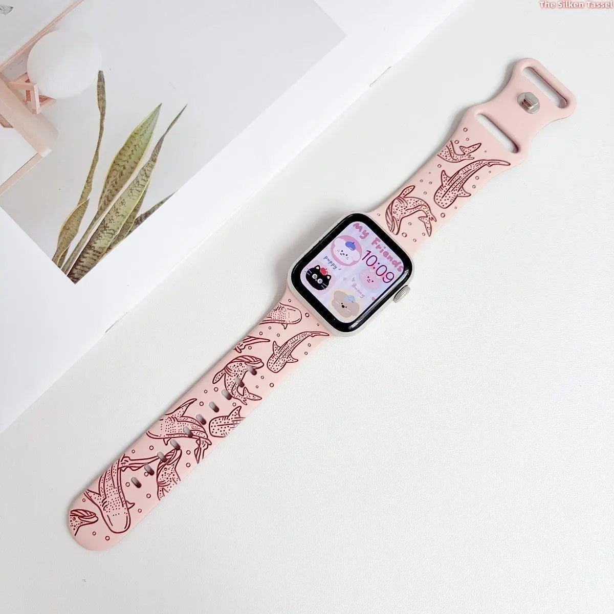 Ocean Whale Shark Dolphin Silicone Strap for Apple Watch Ultra Series 1-11 SE, Black Base Marine Animal Printed Sport Watch Band, Adjustable Lightweight Summer Beach Wrist Accessory Smartwatch Compatible Bands Tiktokshopbacktoschool