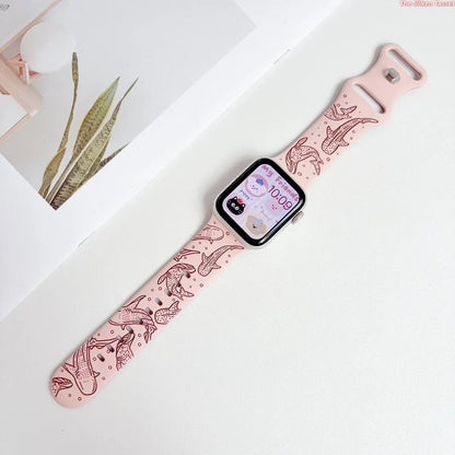 Ocean Whale Shark Dolphin Silicone Strap for Apple Watch Ultra Series 1-11 SE, Black Base Marine Animal Printed Sport Watch Band, Adjustable Lightweight Summer Beach Wrist Accessory Smartwatch Compatible Bands Tiktokshopbacktoschool