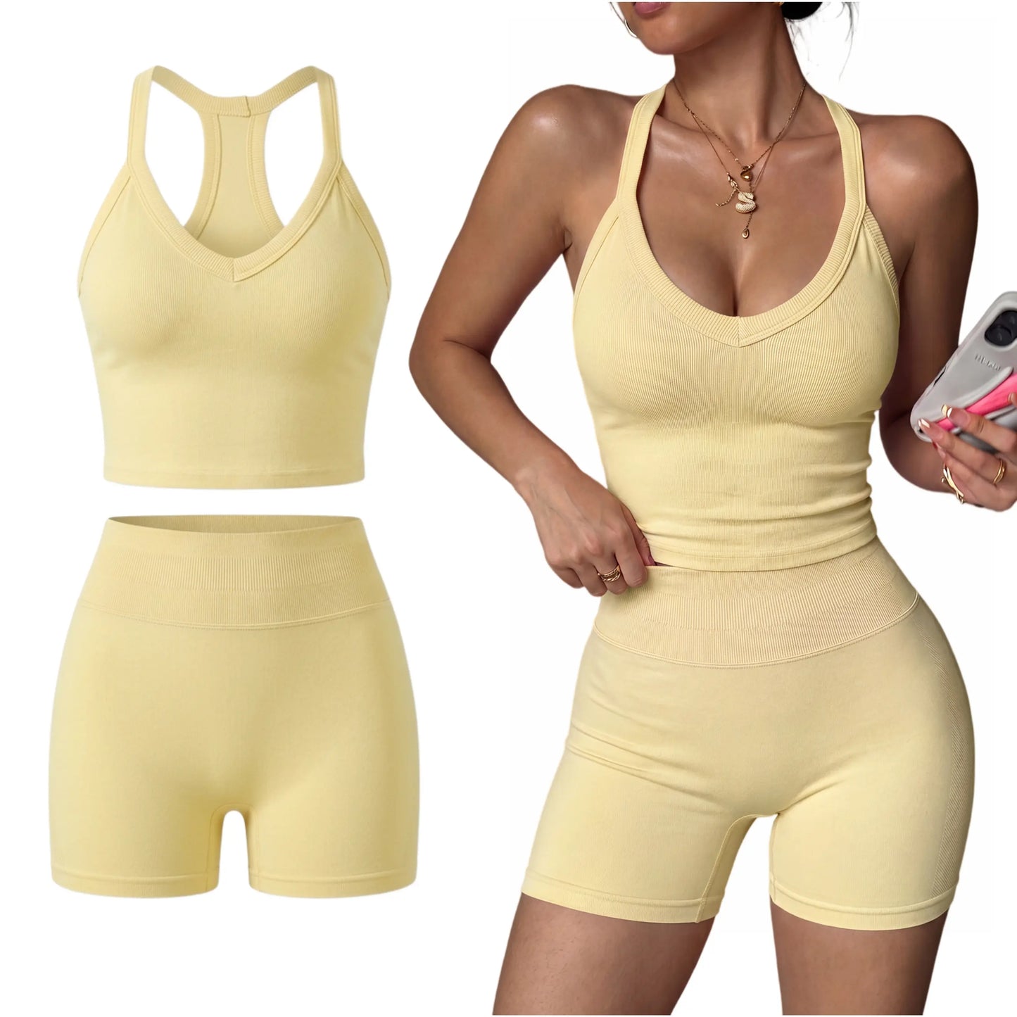 Women'S 2 Piece Yoga Outfit, Racerback Tank Top & Shorts Set, Padded Sports Bra, Sexy Back Support Workout Suit for Pilates & Outdoor Wear