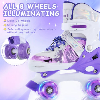TOMSHOO Adjustable Light up Roller Skates for Kids Boys Girls 2 Sizes Glowing Wheels Outdoor Indoor Skating Purple White