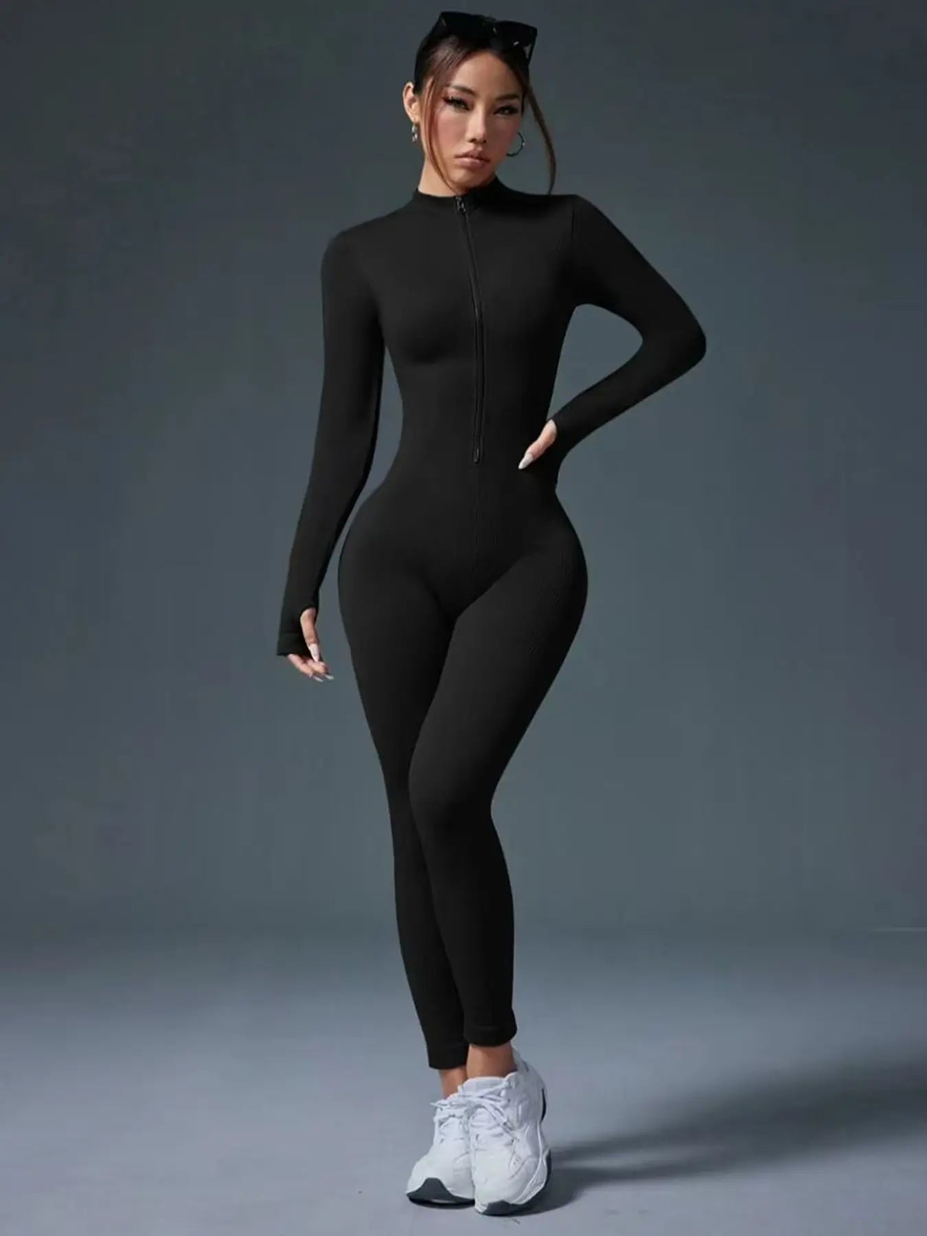 Women'S Sports Crew Neck Long-Sleeve Yoga Bodysuit, Slim-Fitting Knee-Length Knitted Jumpsuit, Suitable for All-Season Wear, Casual and Fashionable Clothing, Athleisure Style, Workout Jumpsuit, Sportswear Jumpsuit, Yoga Workout Jumpsuits