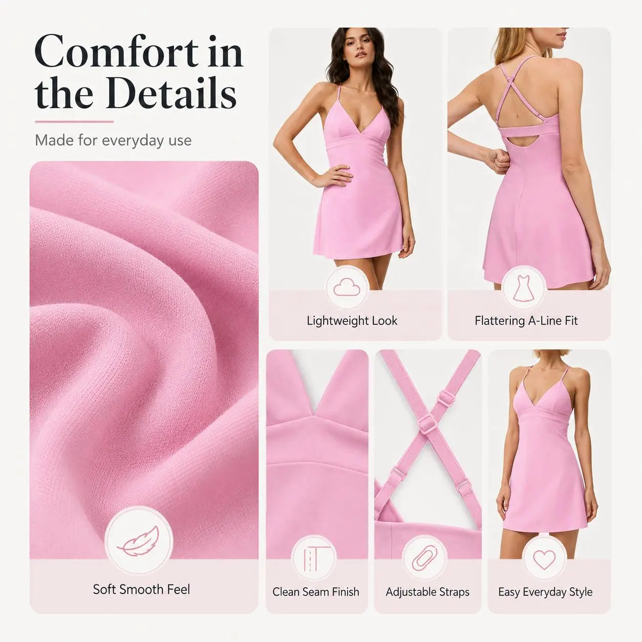 Women'S V-Neck Spaghetti Strap Sports Tennis Dress – Breathable, Flowy Golf & Fitness Dress with Built-In Anti-Exposure Shorts
