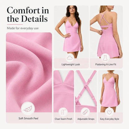 Women'S V-Neck Spaghetti Strap Sports Tennis Dress – Breathable, Flowy Golf & Fitness Dress with Built-In Anti-Exposure Shorts