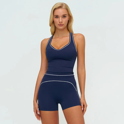 JGS1996 Women'S 2-Piece Activewear Clothing Sets – Contrast Trim Crop Sports Bra & High Waist Skinny Gym Shorts, High Stretch Breathable Quick Dry Tracksuit with Spaghetti Strap Backless Design for Yoga Workout Summer All Seasons