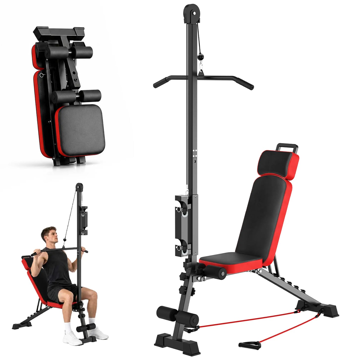 SAVEYOUR Multi-Functional Weight Bench with Pulley System and Adjustable Backrest Foldable Full Body Home Gym Strength Training Equipment