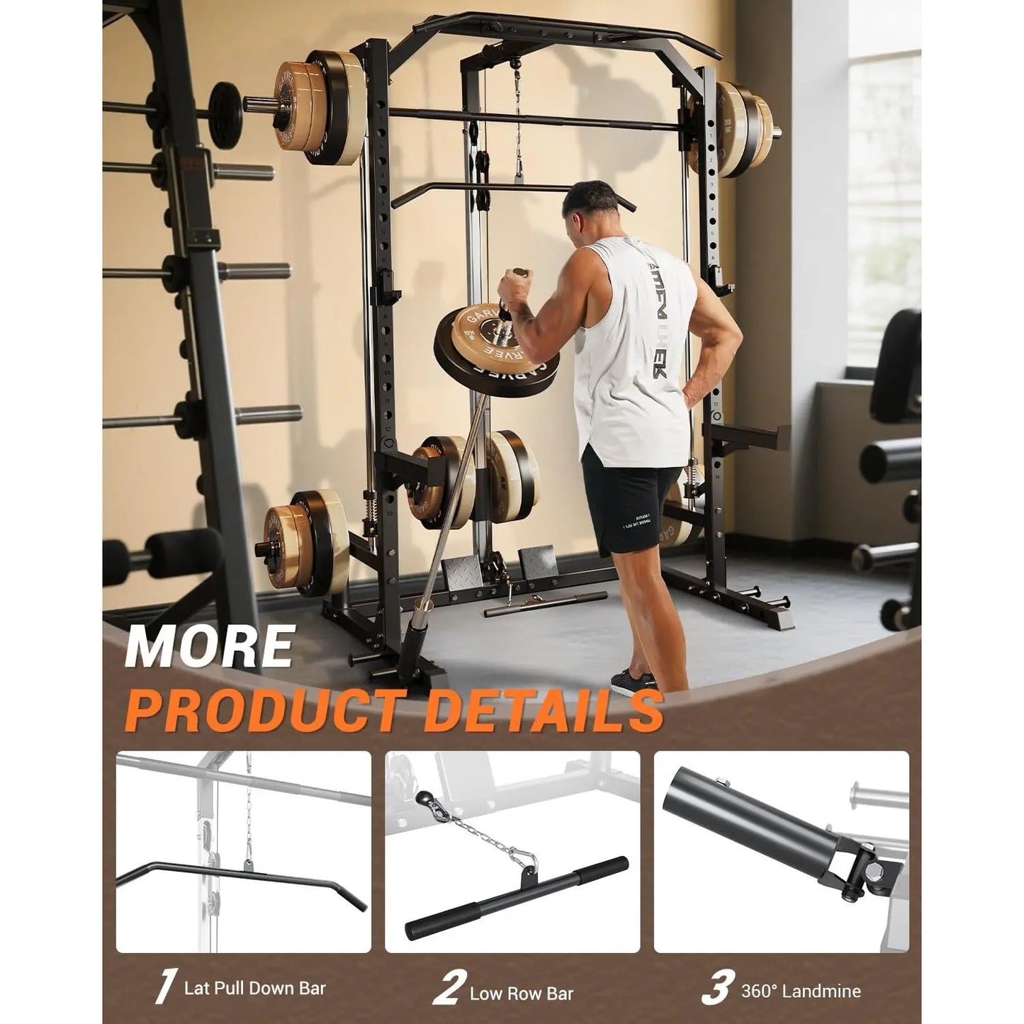 Heavy Duty Smith Machine Power Cage - Integrated Cable Pulley & Lat Pulldown System - Barbell, Safety Spotter Arms, J Hooks, Landmine - Full Body Home Gym Strength Training Equipment(2 Boxes)